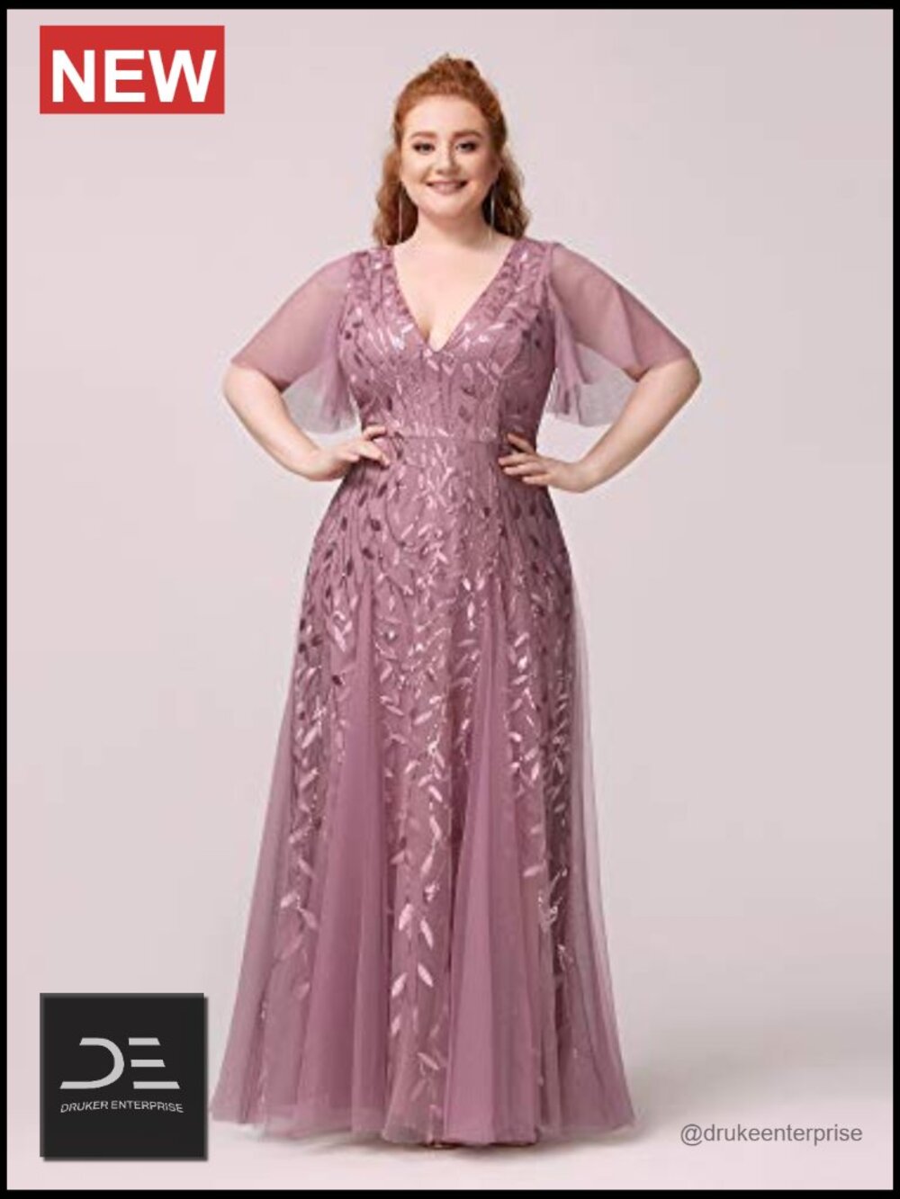 Plus Size Sequined Formal Dress with V-Neck Short Sleeves Floor-Length Mother - Picture 5 of 7
